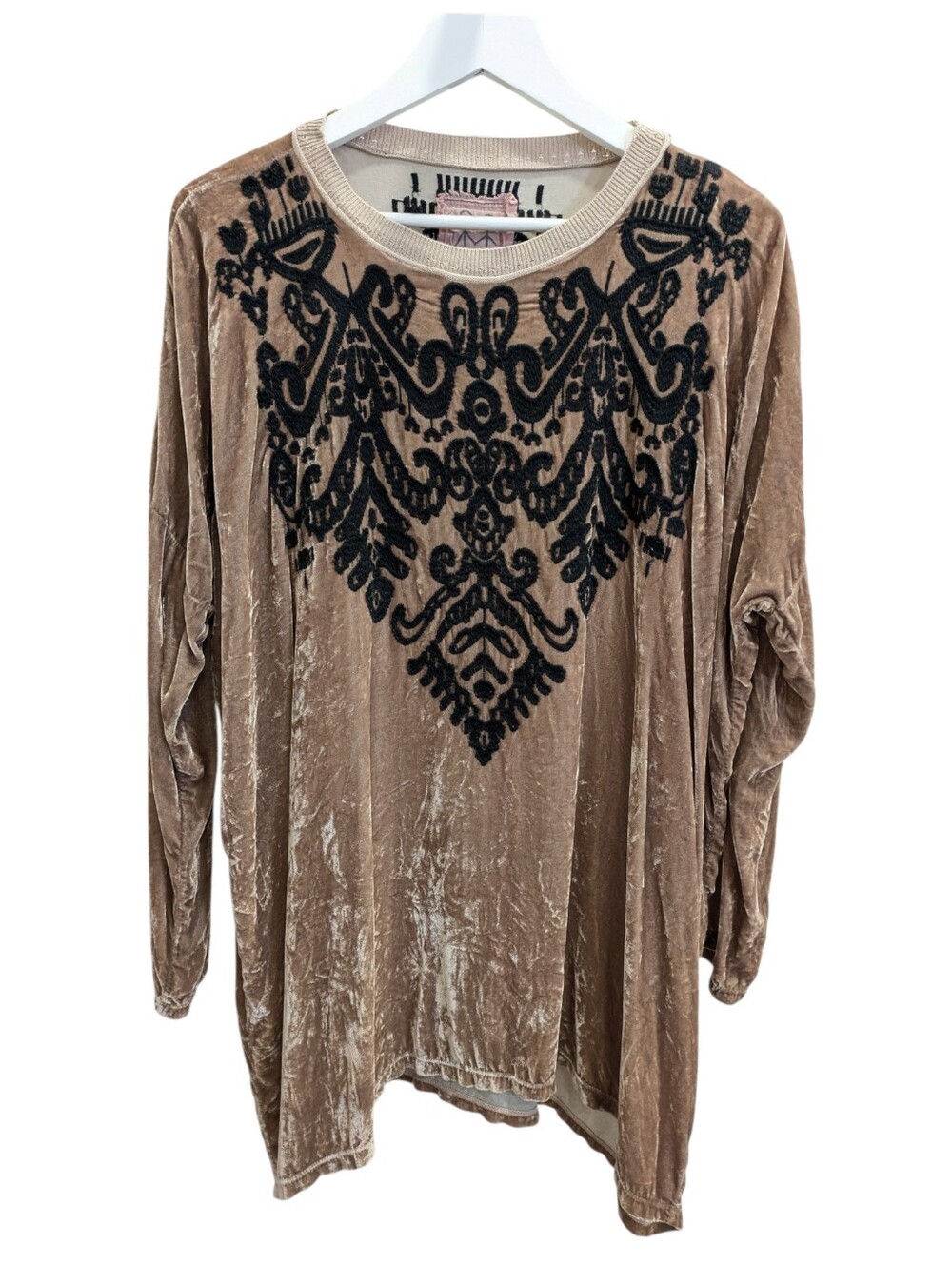 Johnny Was Velvet Tunic Top Medium Tan Silk Black Embroidered Flocked Yoke Blous